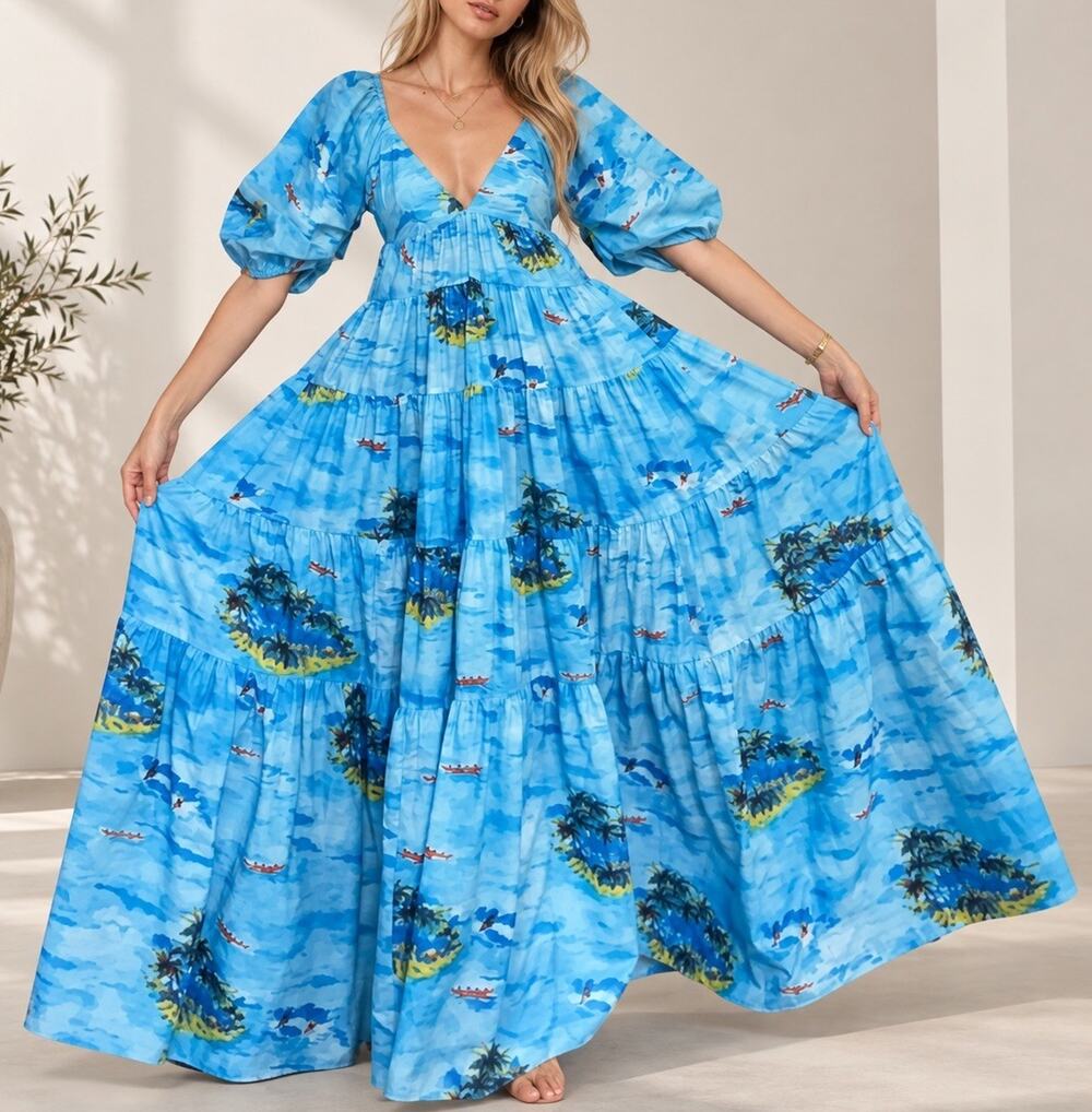 NWT STAUD Meadow Blue Island Print Tiered Maxi Dress Medium M $325 Rare